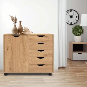 5 Drawer Chest, Wood Storage Dresser Cabinet with Wheels